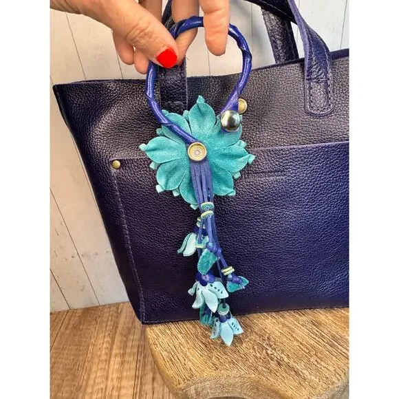 Leather Flower Purse Charm Genuine Leather Blue Mum Dahlia Bag Charm NeW! - Picture 5 of 5